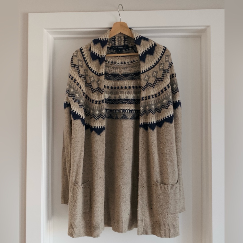 French Connection Speckled Oatmeal Nordic Patterned Wood Cardigan With Tie
